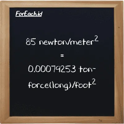 85 newton/meter<sup>2</sup> is equivalent to 0.00079253 ton-force(long)/foot<sup>2</sup> (85 N/m<sup>2</sup> is equivalent to 0.00079253 LT f/ft<sup>2</sup>)